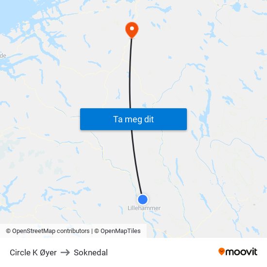 Circle K Øyer to Soknedal map