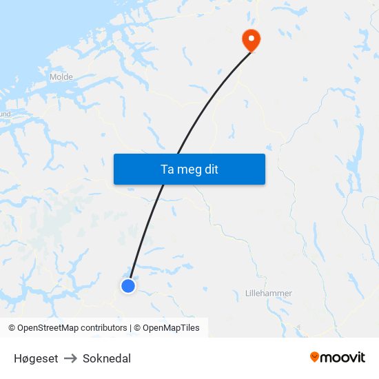 Høgeset to Soknedal map