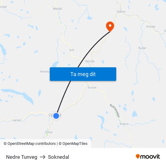 Nedre Tunveg to Soknedal map