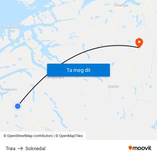 Trøa to Soknedal map