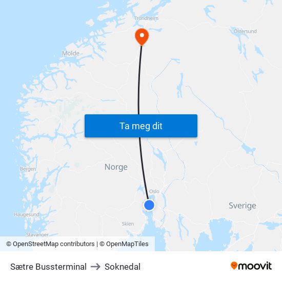 Sætre Bussterminal to Soknedal map