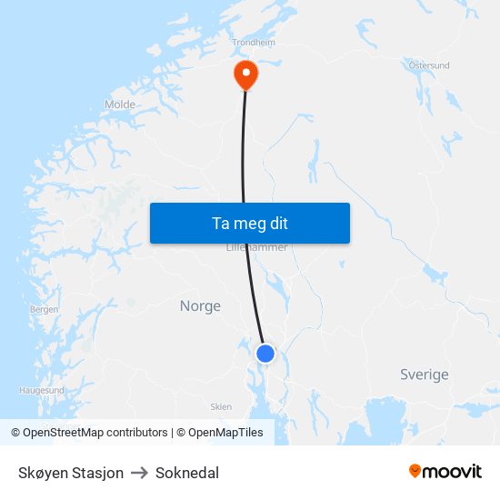 Skøyen Stasjon to Soknedal map