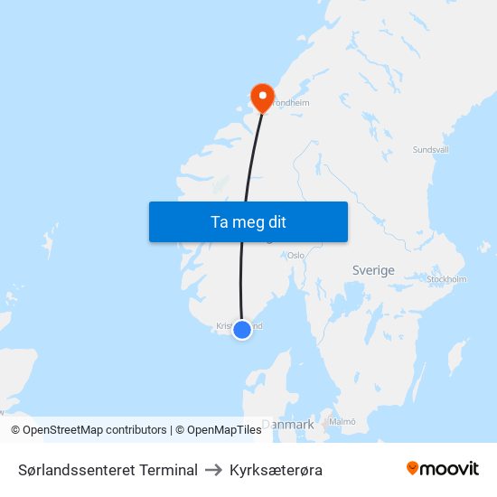 Sørlandssenteret Terminal to Kyrksæterøra map