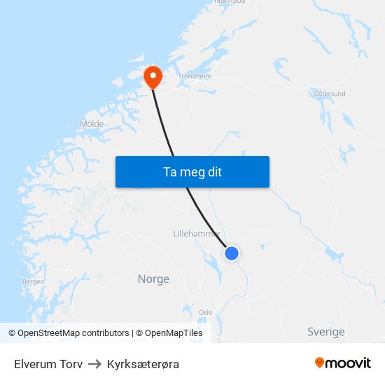 Elverum Torv to Kyrksæterøra map