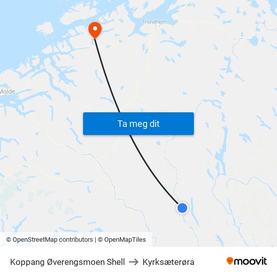 Koppang Øverengsmoen Shell to Kyrksæterøra map