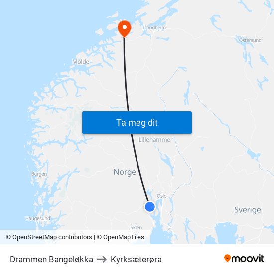 Drammen Bangeløkka to Kyrksæterøra map