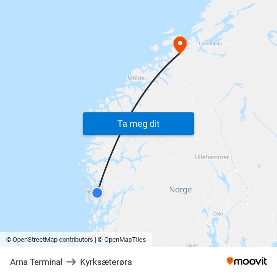 Arna Terminal to Kyrksæterøra map