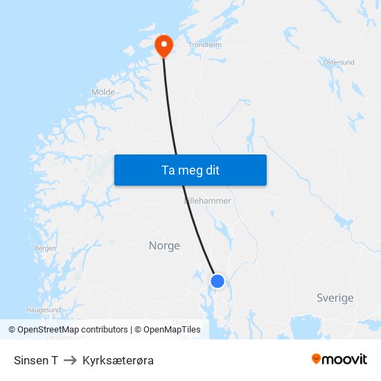 Sinsen T to Kyrksæterøra map