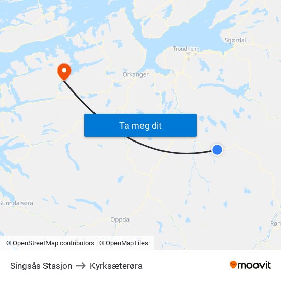 Singsås Stasjon to Kyrksæterøra map
