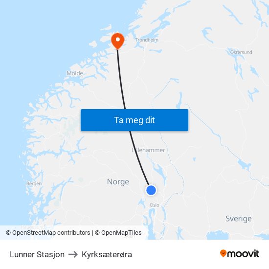 Lunner Stasjon to Kyrksæterøra map