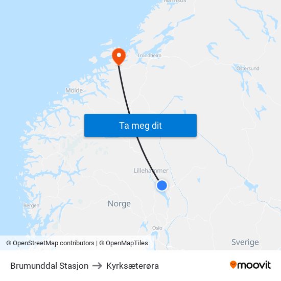 Brumunddal Stasjon to Kyrksæterøra map