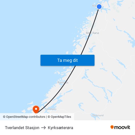 Tverlandet Stasjon to Kyrksæterøra map