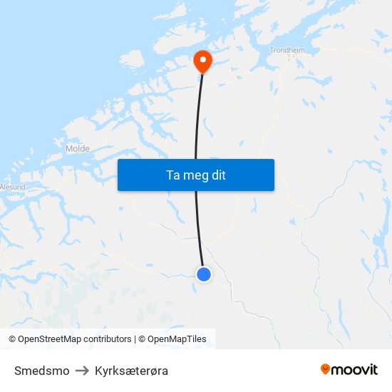 Smedsmo to Kyrksæterøra map