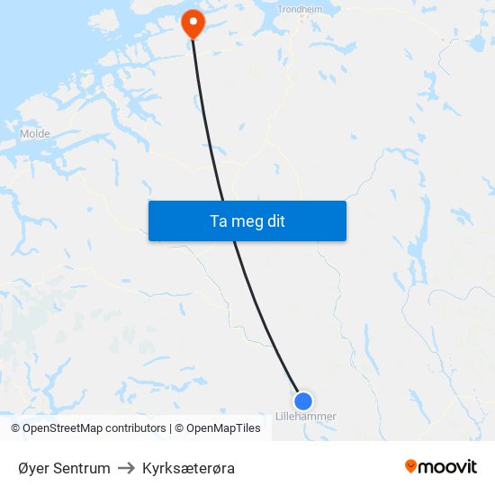 Øyer Sentrum to Kyrksæterøra map