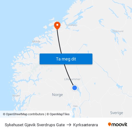Sykehuset Gjøvik Sverdrups Gate to Kyrksæterøra map