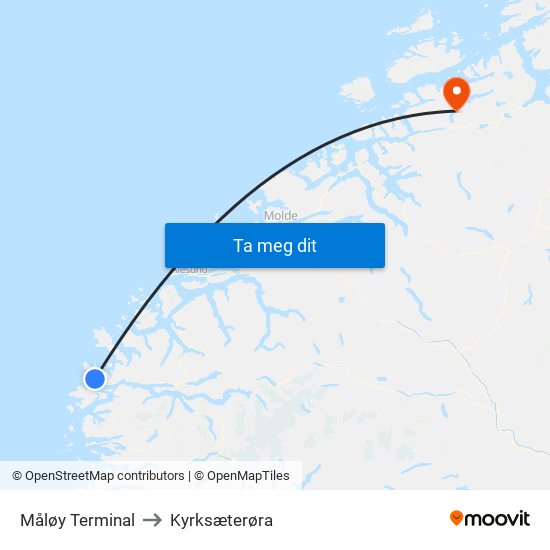 Måløy Terminal to Kyrksæterøra map