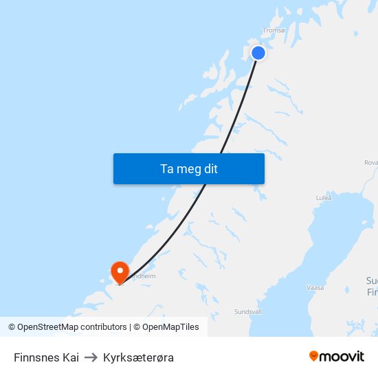 Finnsnes Kai to Kyrksæterøra map
