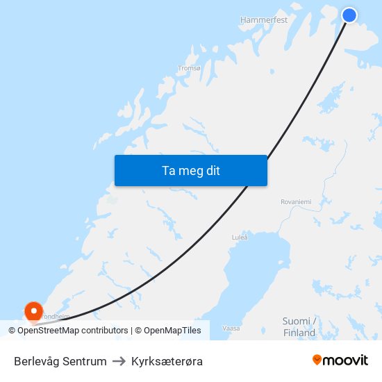 Berlevåg Sentrum to Kyrksæterøra map