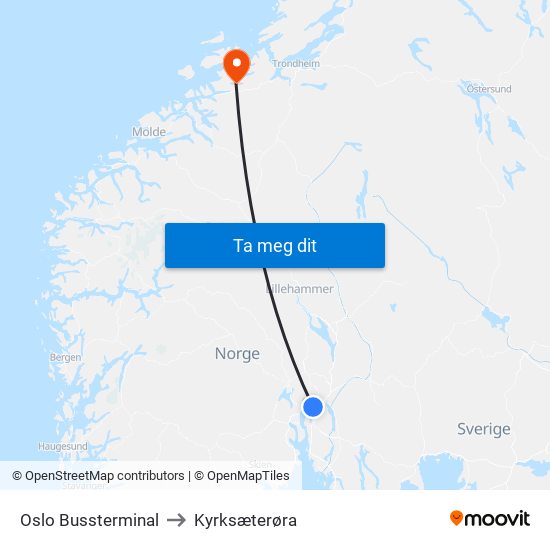 Oslo Bussterminal to Kyrksæterøra map