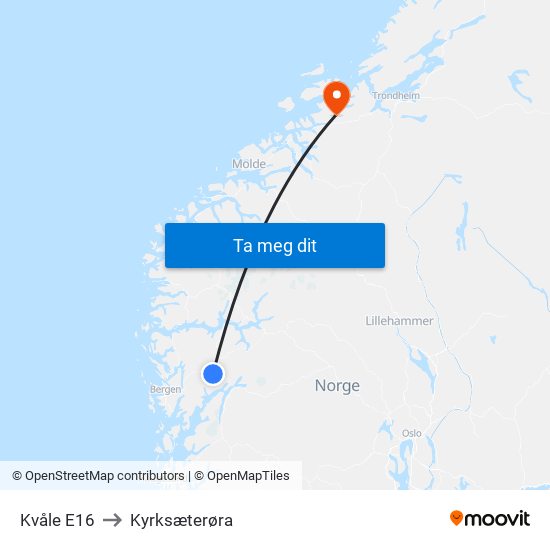 Kvåle E16 to Kyrksæterøra map