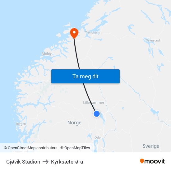 Gjøvik Stadion to Kyrksæterøra map