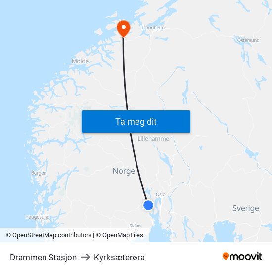 Drammen Stasjon to Kyrksæterøra map