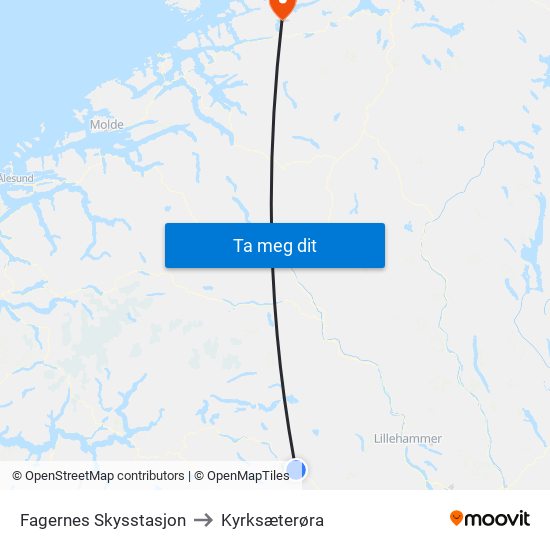 Fagernes Skysstasjon to Kyrksæterøra map