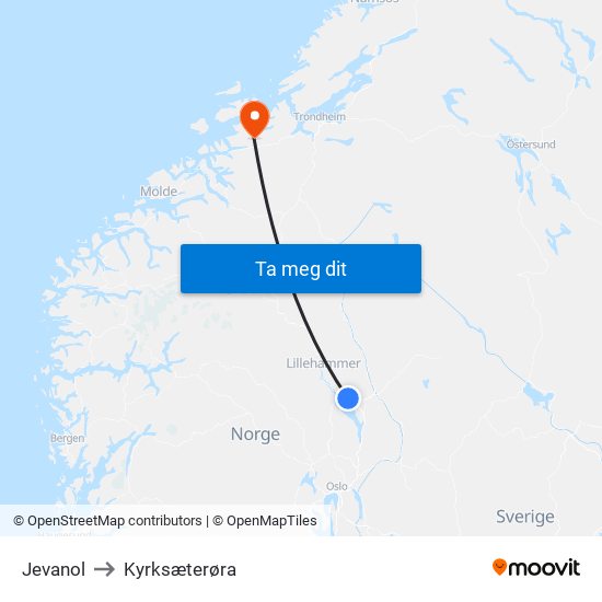 Jevanol to Kyrksæterøra map