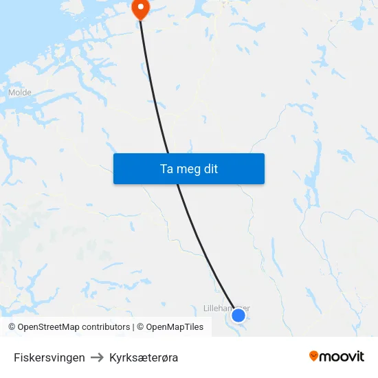 Fiskersvingen to Kyrksæterøra map