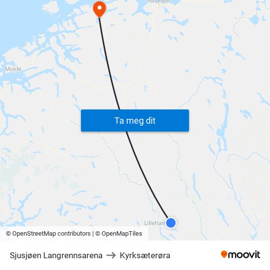 Sjusjøen Langrennsarena to Kyrksæterøra map