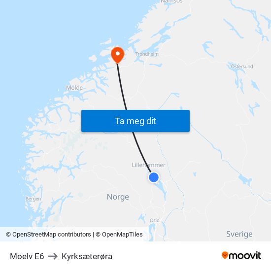 Moelv E6 to Kyrksæterøra map
