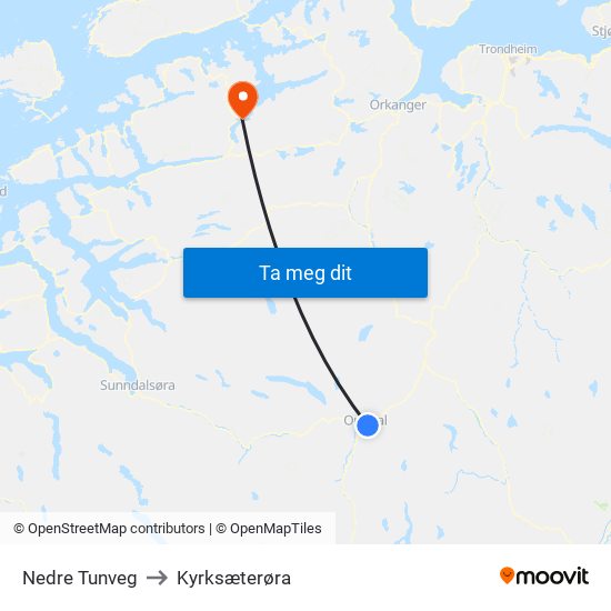 Nedre Tunveg to Kyrksæterøra map