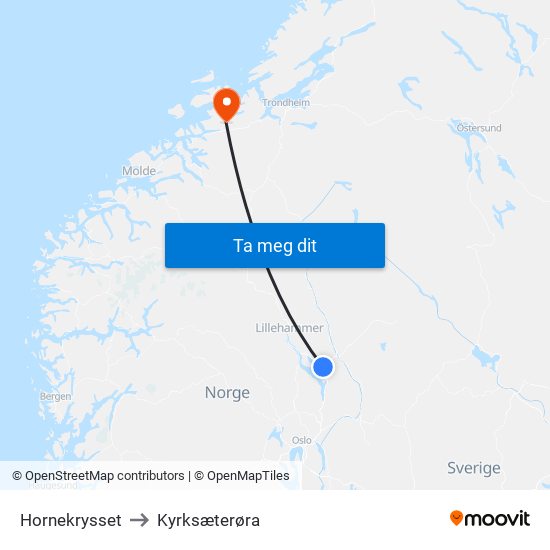 Hornekrysset to Kyrksæterøra map