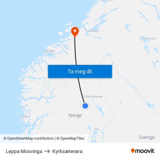 Leppa Mosvinga to Kyrksæterøra map