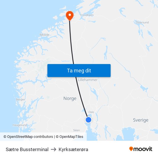 Sætre Bussterminal to Kyrksæterøra map