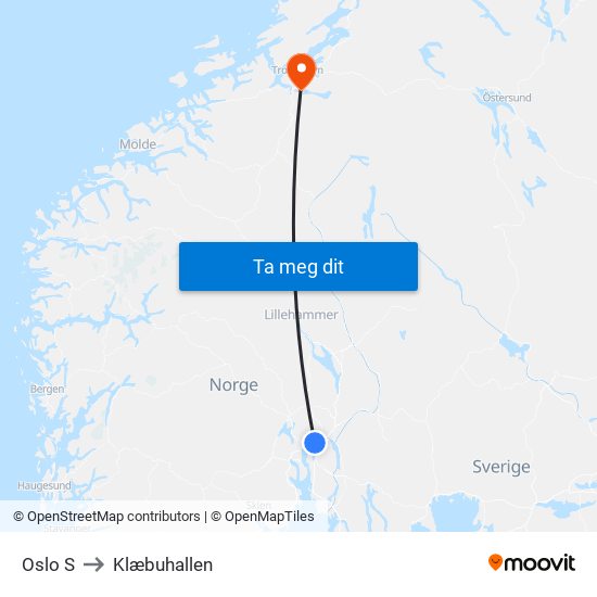 Oslo S to Klæbuhallen map