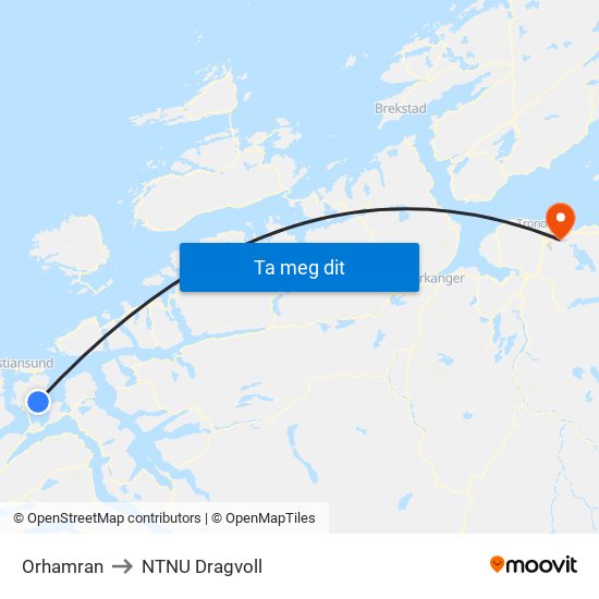 Orhamran to NTNU Dragvoll map