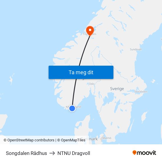 Songdalen Rådhus to NTNU Dragvoll map