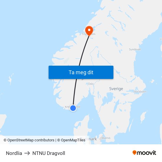 Nordlia to NTNU Dragvoll map