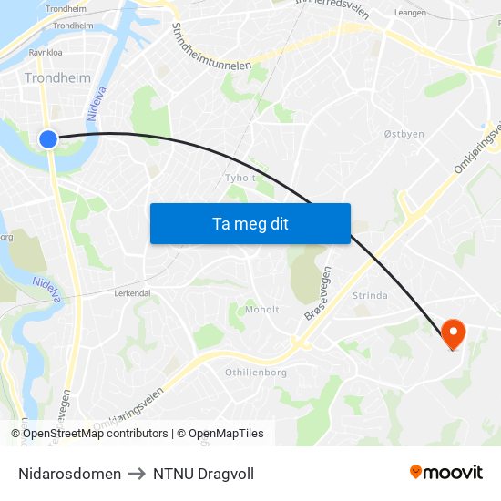 Nidarosdomen to NTNU Dragvoll map