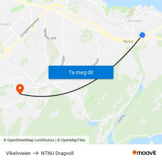 Vikelvveien to NTNU Dragvoll map