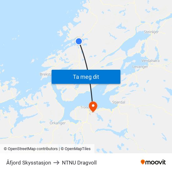 Åfjord Skysstasjon to NTNU Dragvoll map