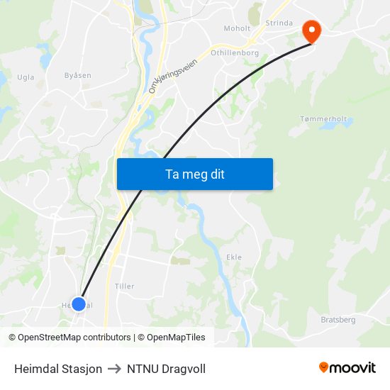 Heimdal Stasjon to NTNU Dragvoll map