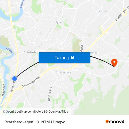 Bratsbergvegen to NTNU Dragvoll map