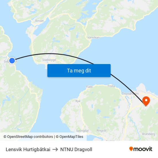 Lensvik Hurtigbåtkai to NTNU Dragvoll map