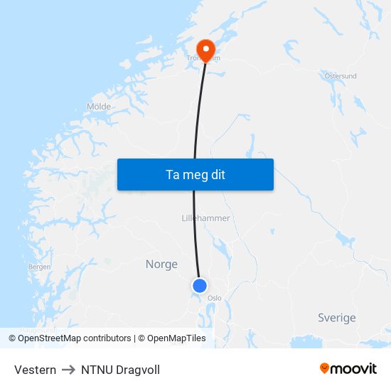 Vestern to NTNU Dragvoll map
