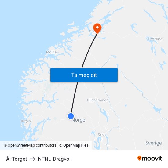 Ål Torget to NTNU Dragvoll map