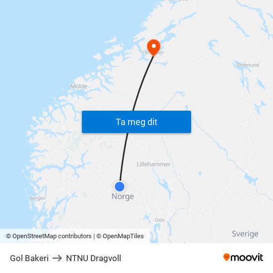 Gol Bakeri to NTNU Dragvoll map