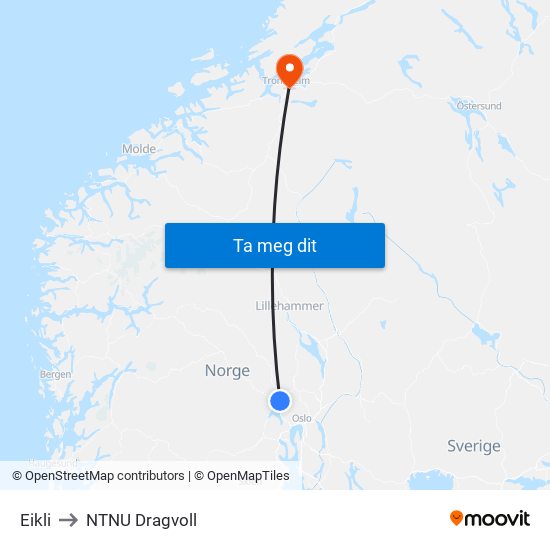 Eikli to NTNU Dragvoll map