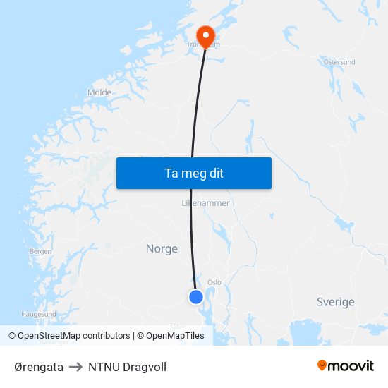 Ørengata to NTNU Dragvoll map